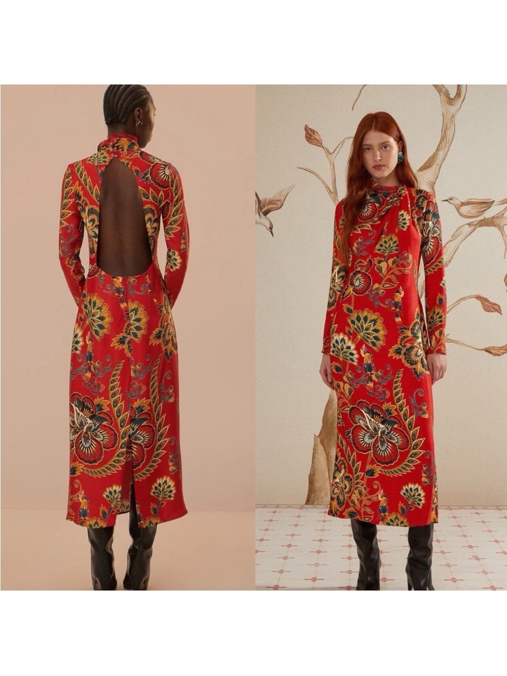 FARM Rio Red Floral Open-Back Midi Dress